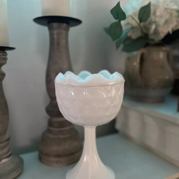 Vintage Indiana White Milk Glass Compote Star Quilt Duette Pattern Pedestal Bowl - Picture 3 of 4